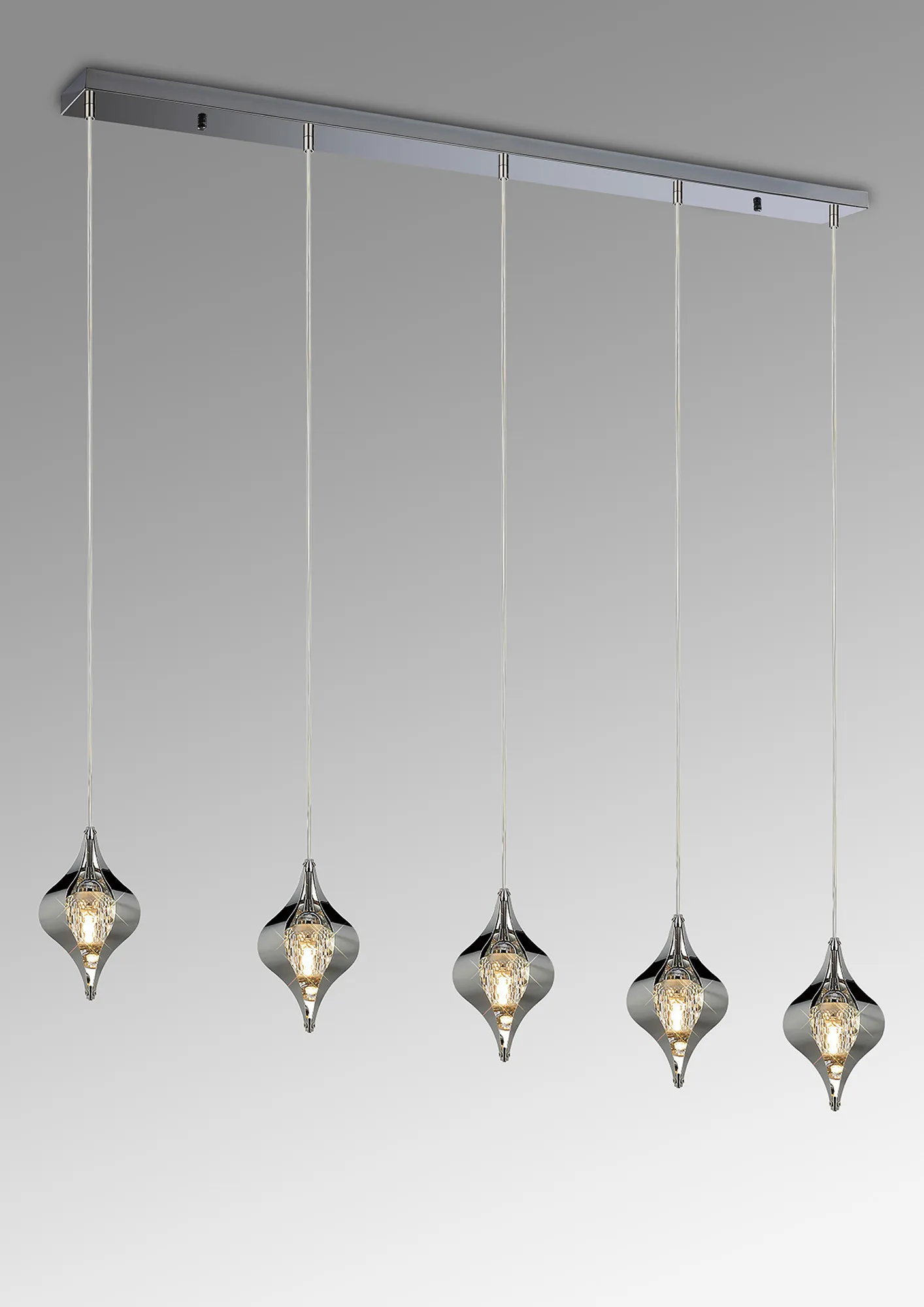 Amano Linear Pendant, 5 Light Adjustable G9, Polished Chrome/Crystal